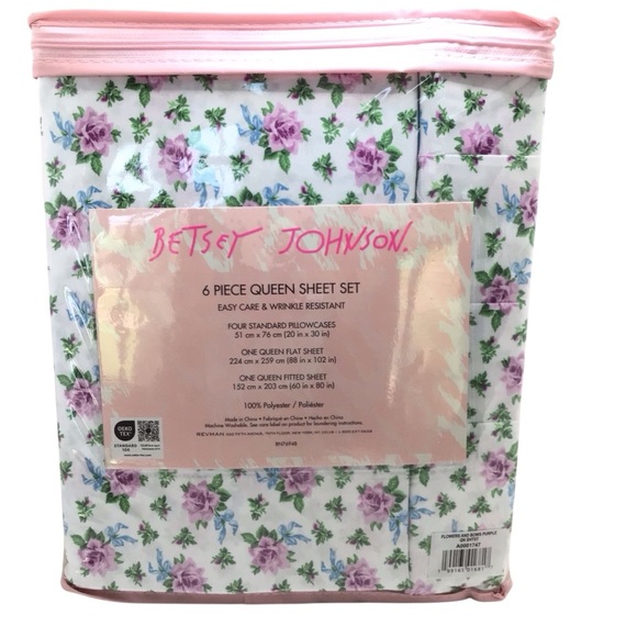6pc Betsy Johnson Flowers & Bows Purple Print Shabby Chic Queen Sheet Set - Picture 4 of 5